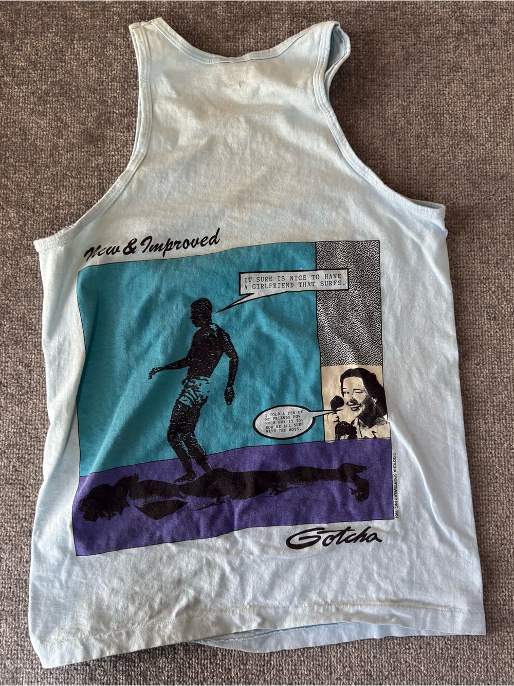 80's Vintage Gotcha Surfing Pop Art Men's Medium Light Blue Tank Top